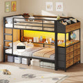 Twin Over Twin Metal Bunk Bed with 6 Storage Drawers, Led Lights and Charging Station, Black K7459
