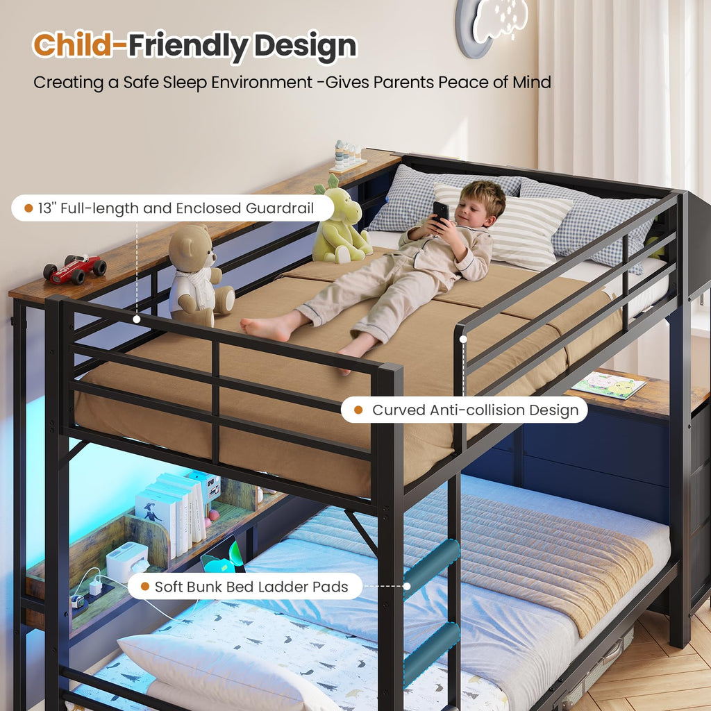 Twin Over Twin Metal Bunk Bed with 6 Storage Drawers, Led Lights and Charging Station, Black K7459