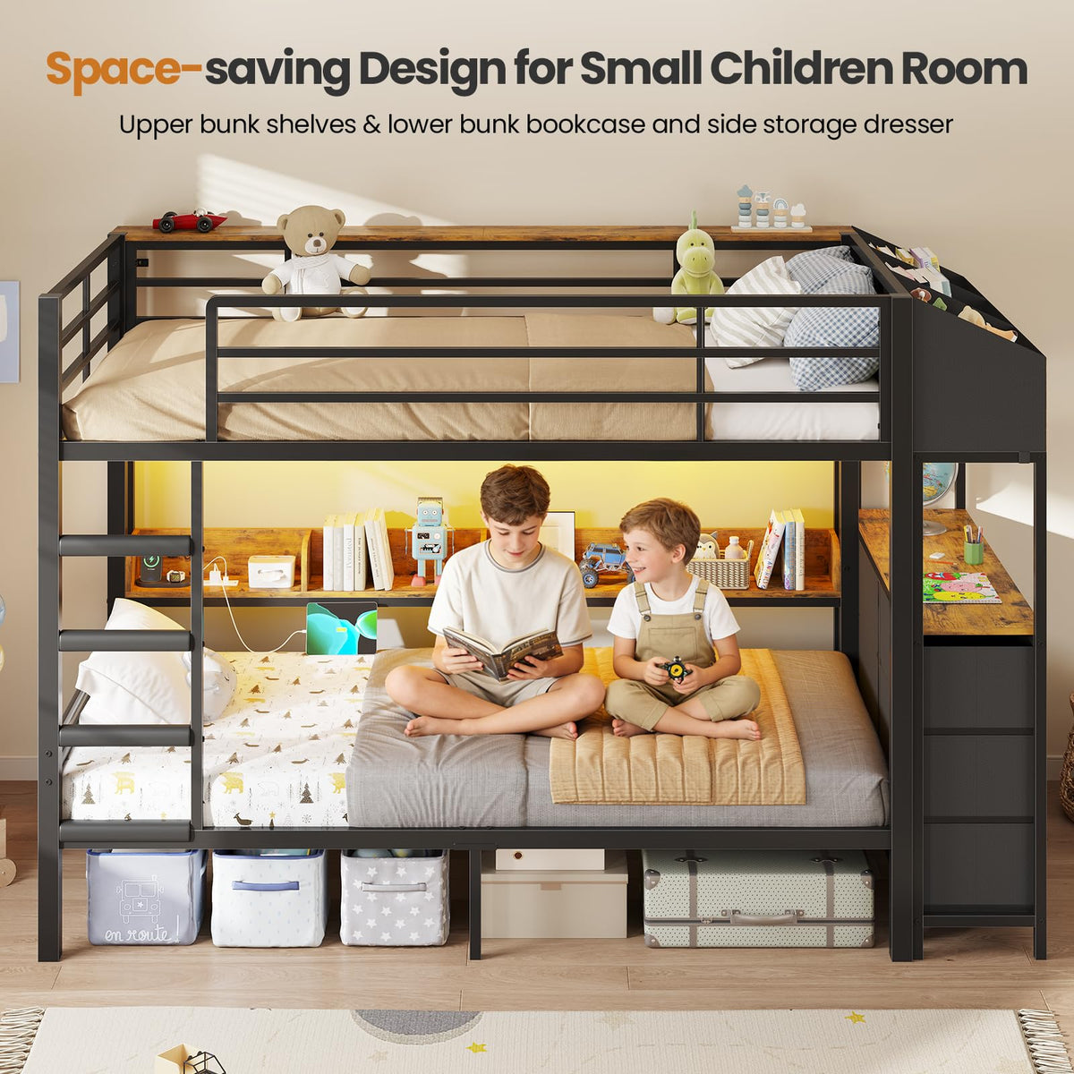 Twin Over Twin Metal Bunk Bed with 6 Storage Drawers, Led Lights and Charging Station, Black K7459