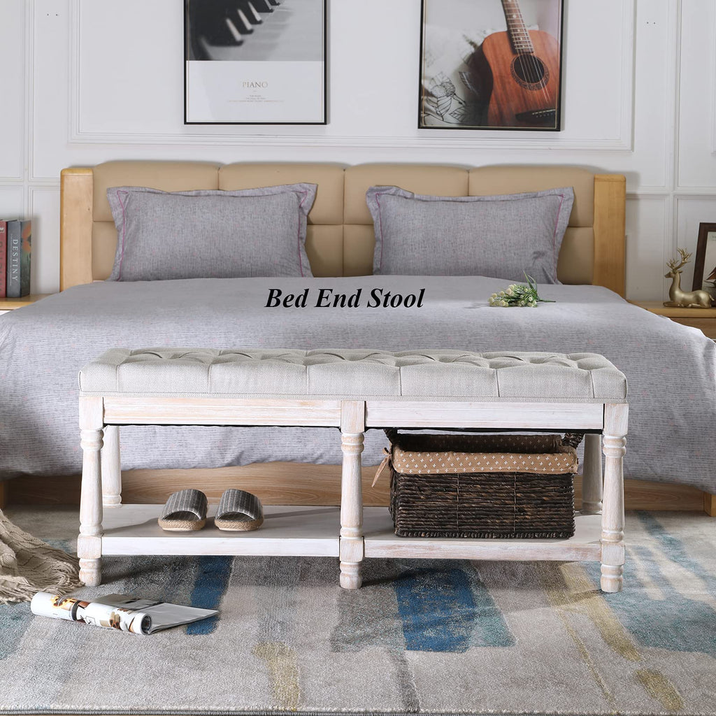 Beige Linen Upholstered Tufted Storage Bench with Shelf Z5530