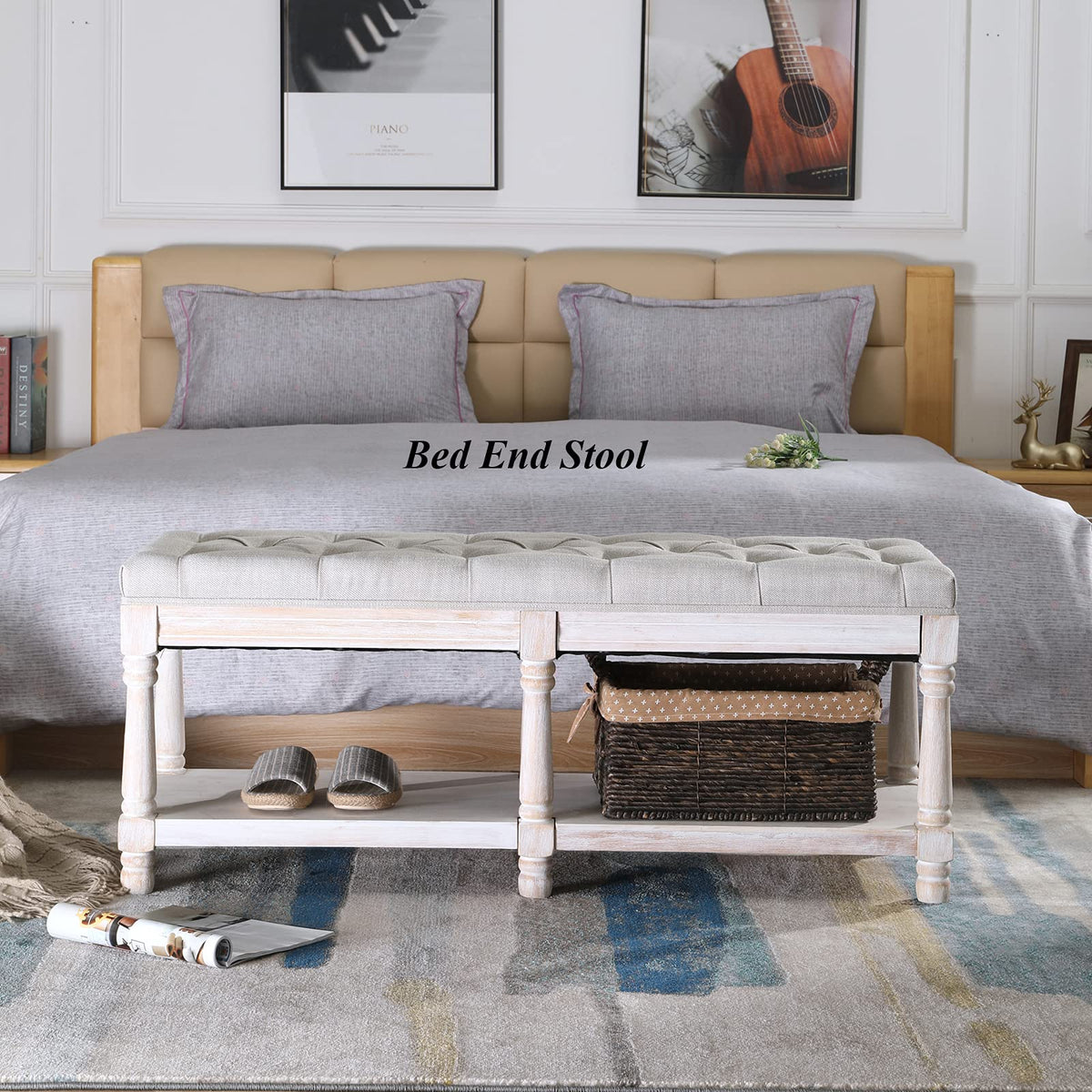 Beige Linen Upholstered Tufted Storage Bench with Shelf Z5530