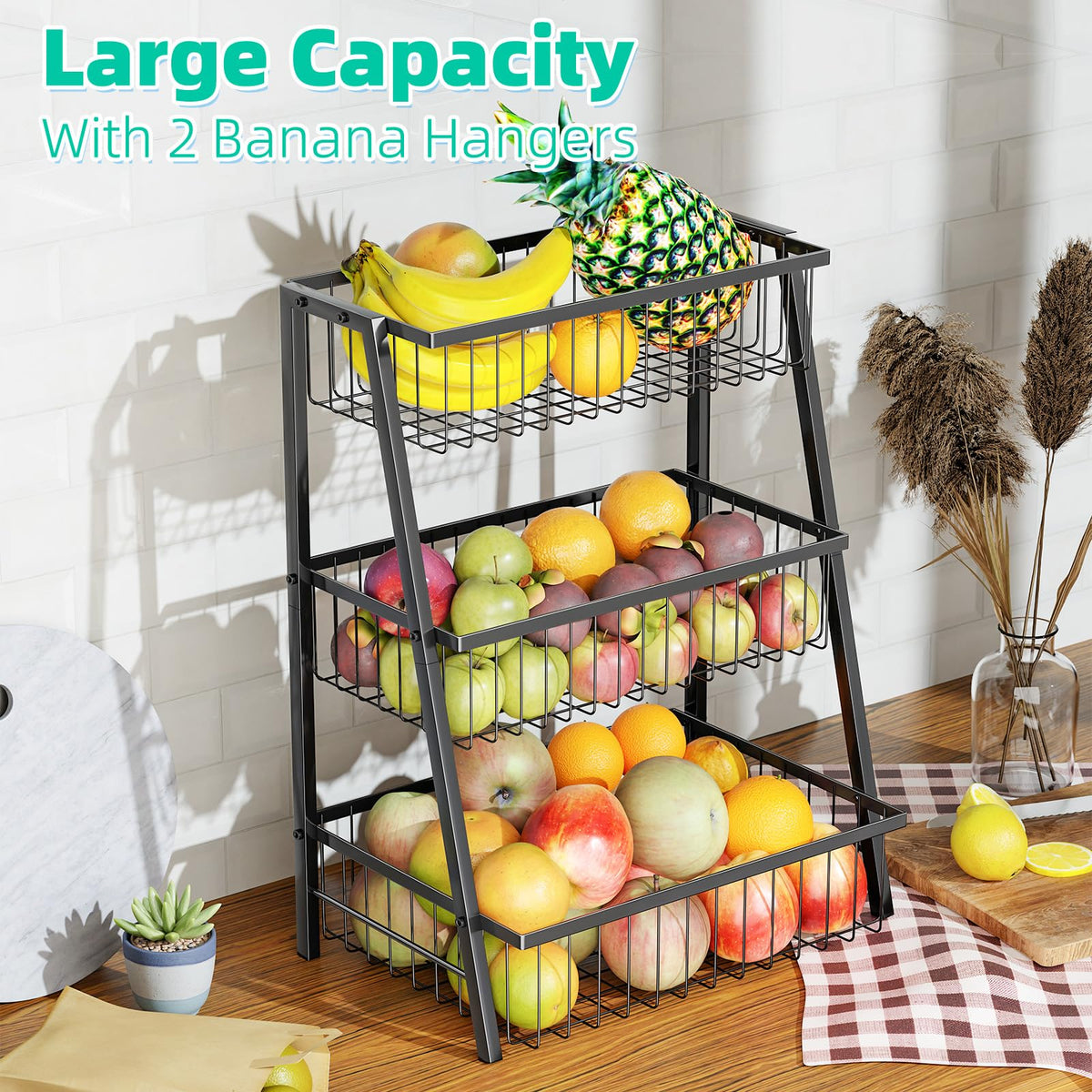 3-Tier Black Metal Wire Fruit Basket with Banana Hooks D90184