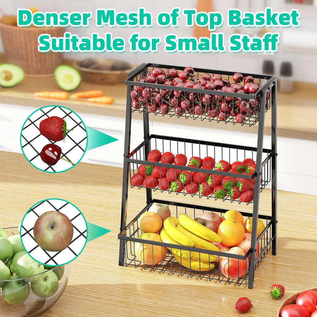 3-Tier Black Metal Wire Fruit Basket with Banana Hooks D90184