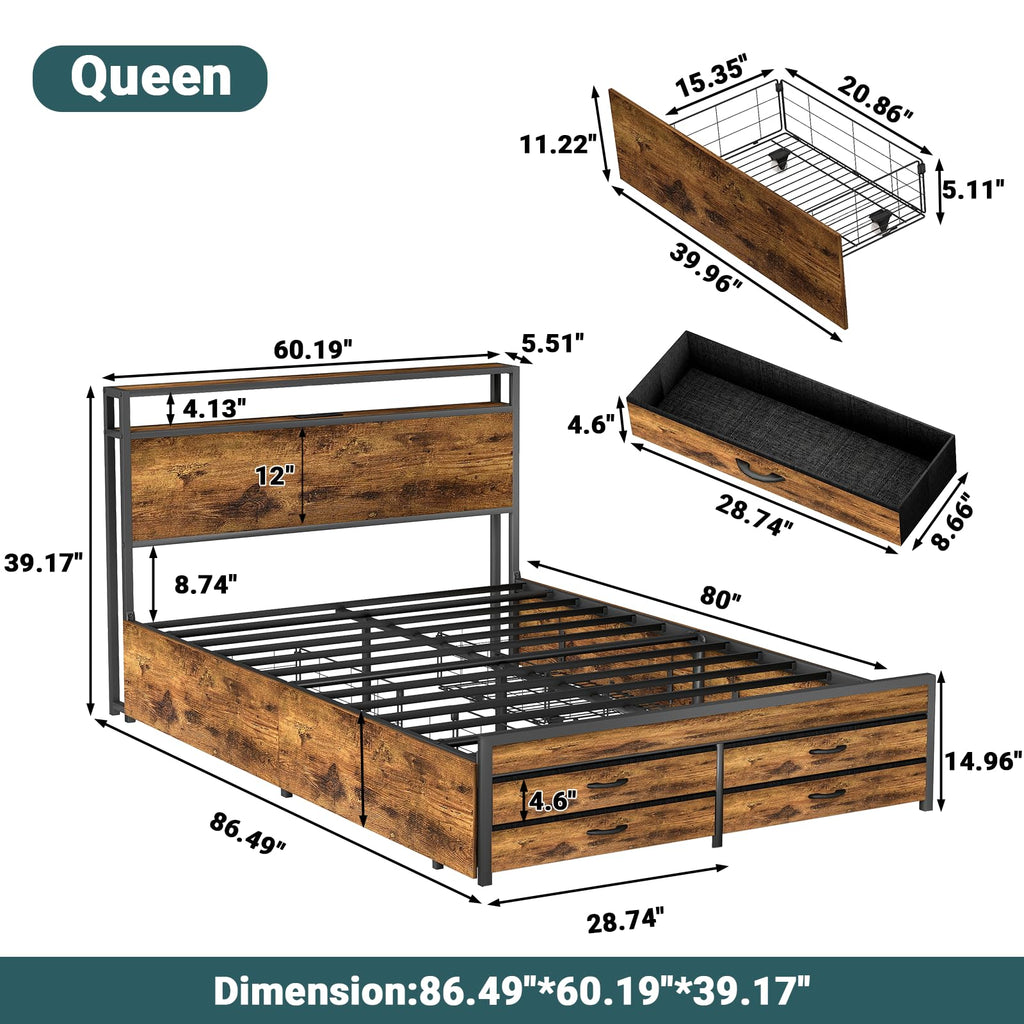 Queen Size Bed Frame with Headboard & 8 Storage Drawers K450130