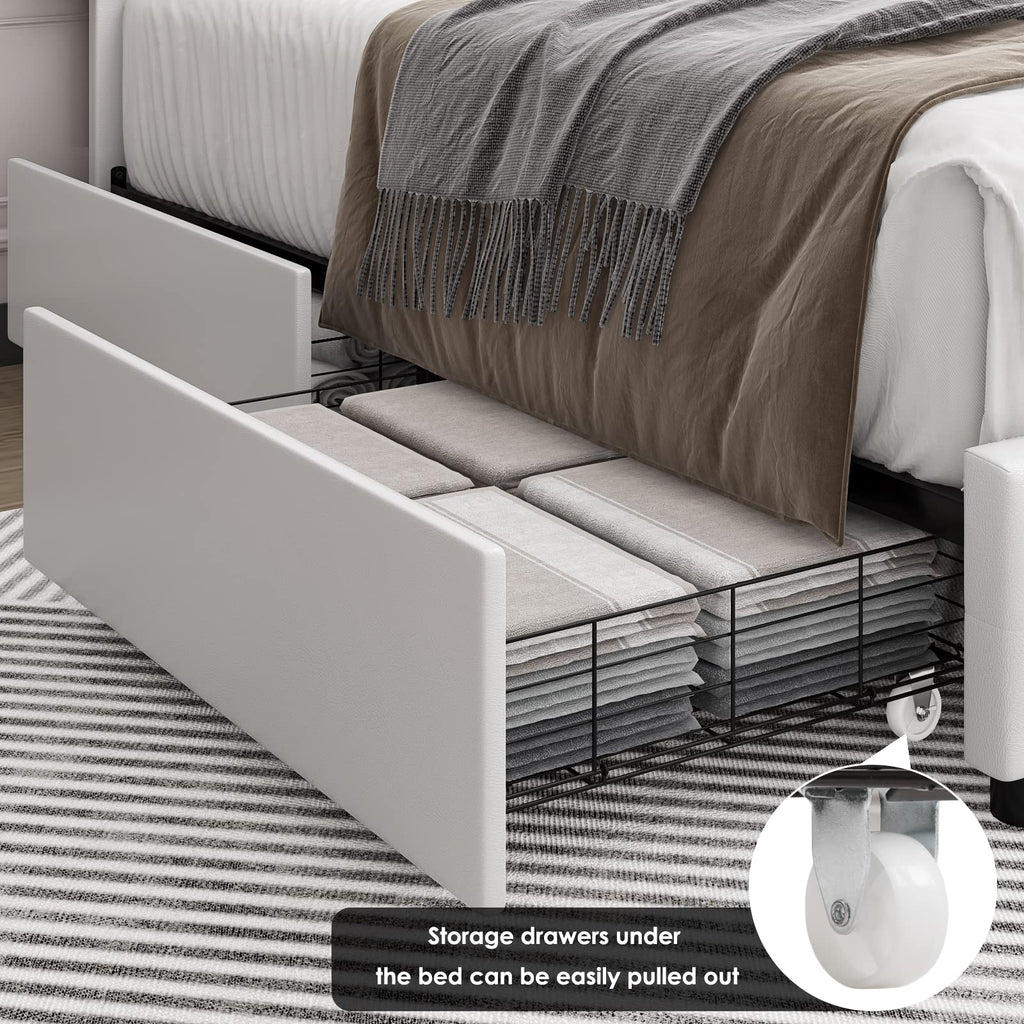 Full Size White Faux Leather Upholstered Platform Bed Frame with 4 Storage Drawers S2343