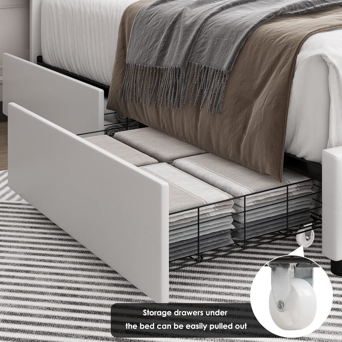 Full Size White Faux Leather Upholstered Platform Bed Frame with 4 Storage Drawers S2343