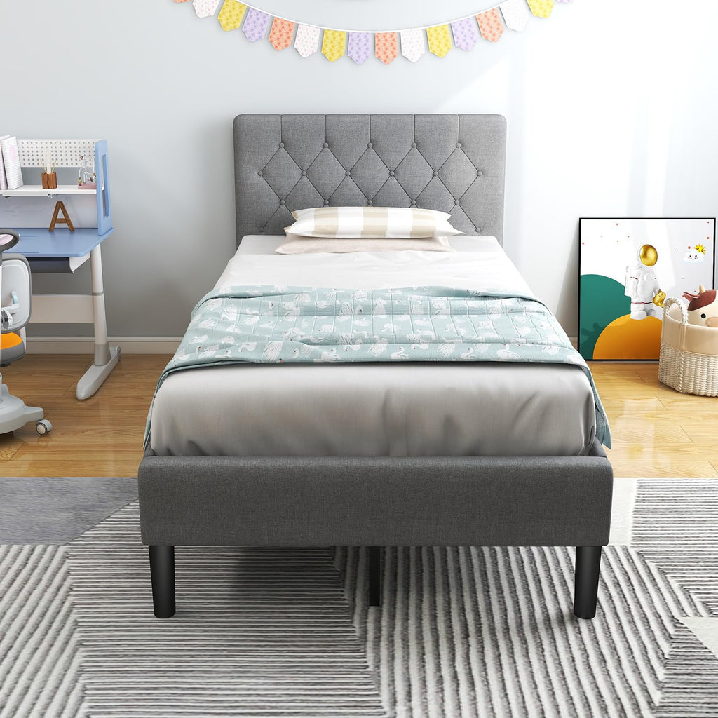 Grey Twin Upholstered Platform Bed with Headboard X12488