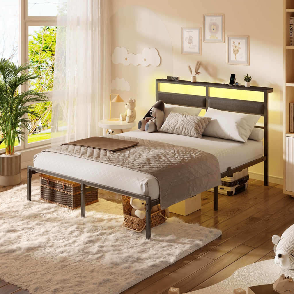 Full Size Black Platform Bed with LED Lights & Charging N349944