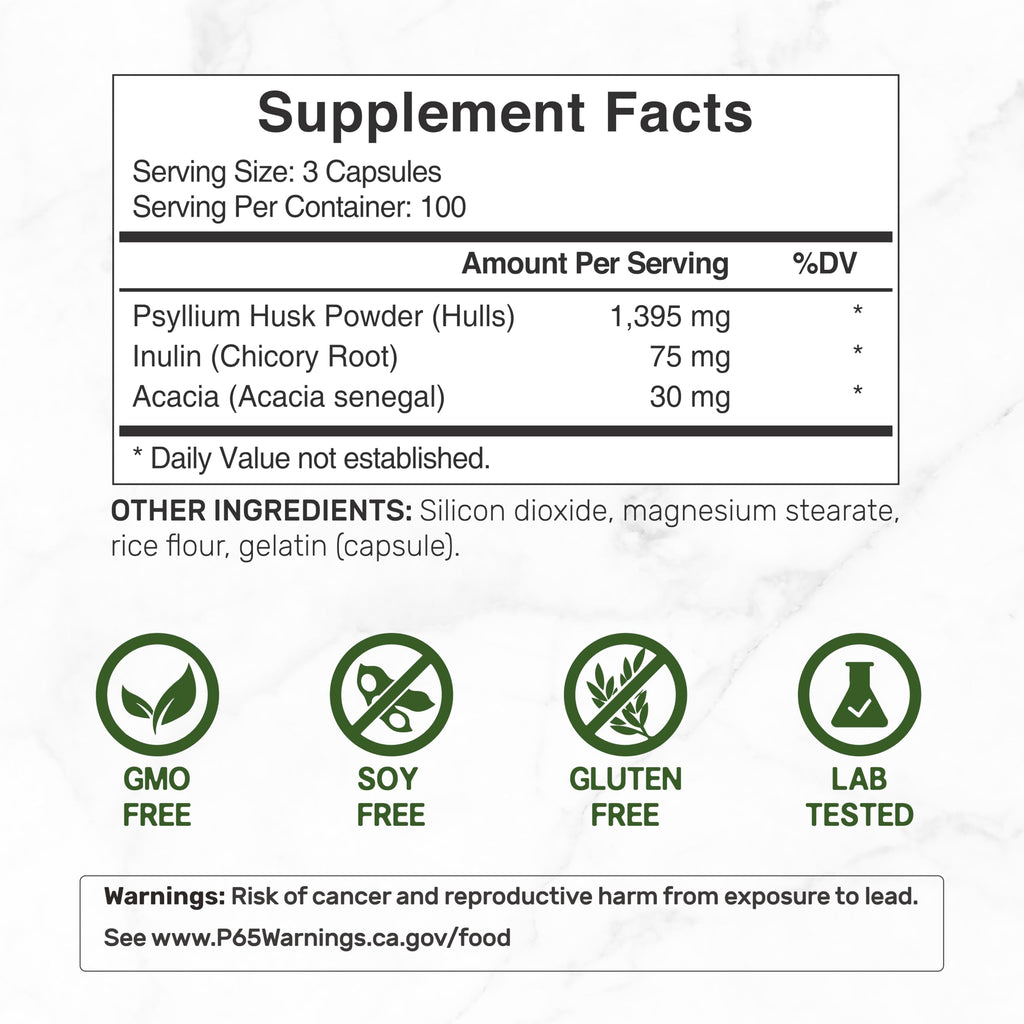 Psyllium Husk 1500mg 300 Capsules 3 in 1 Fiber Supplement B495802