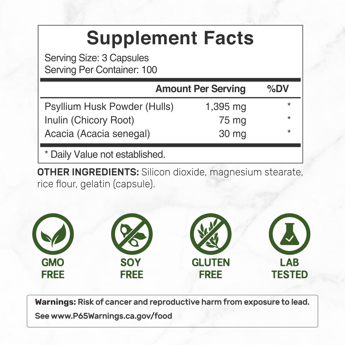 Psyllium Husk 1500mg 300 Capsules 3 in 1 Fiber Supplement B495802