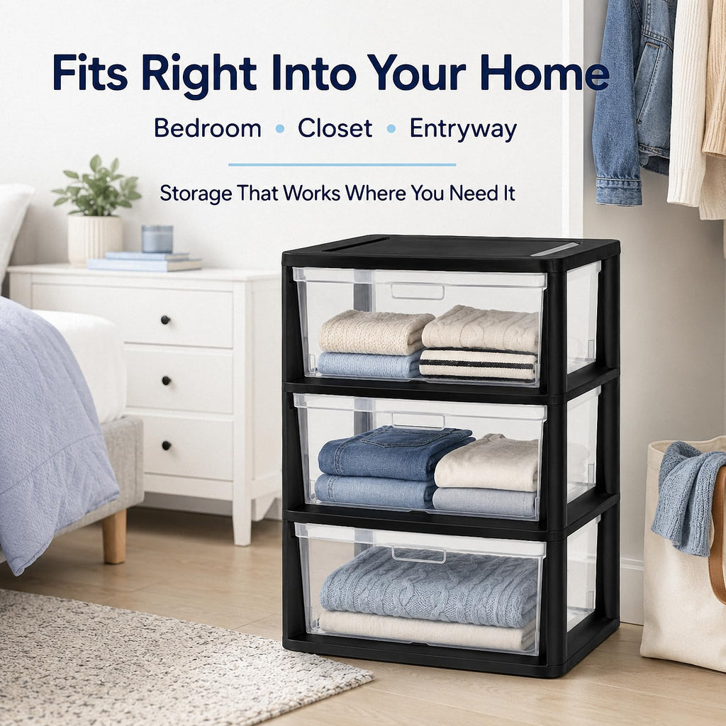 Black 3 Drawer Plastic Storage Tower with Clear Bins N26083
