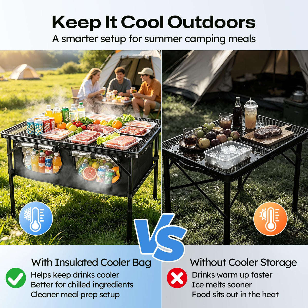 Folding Camping Table with Storage and Cooler Bag O283