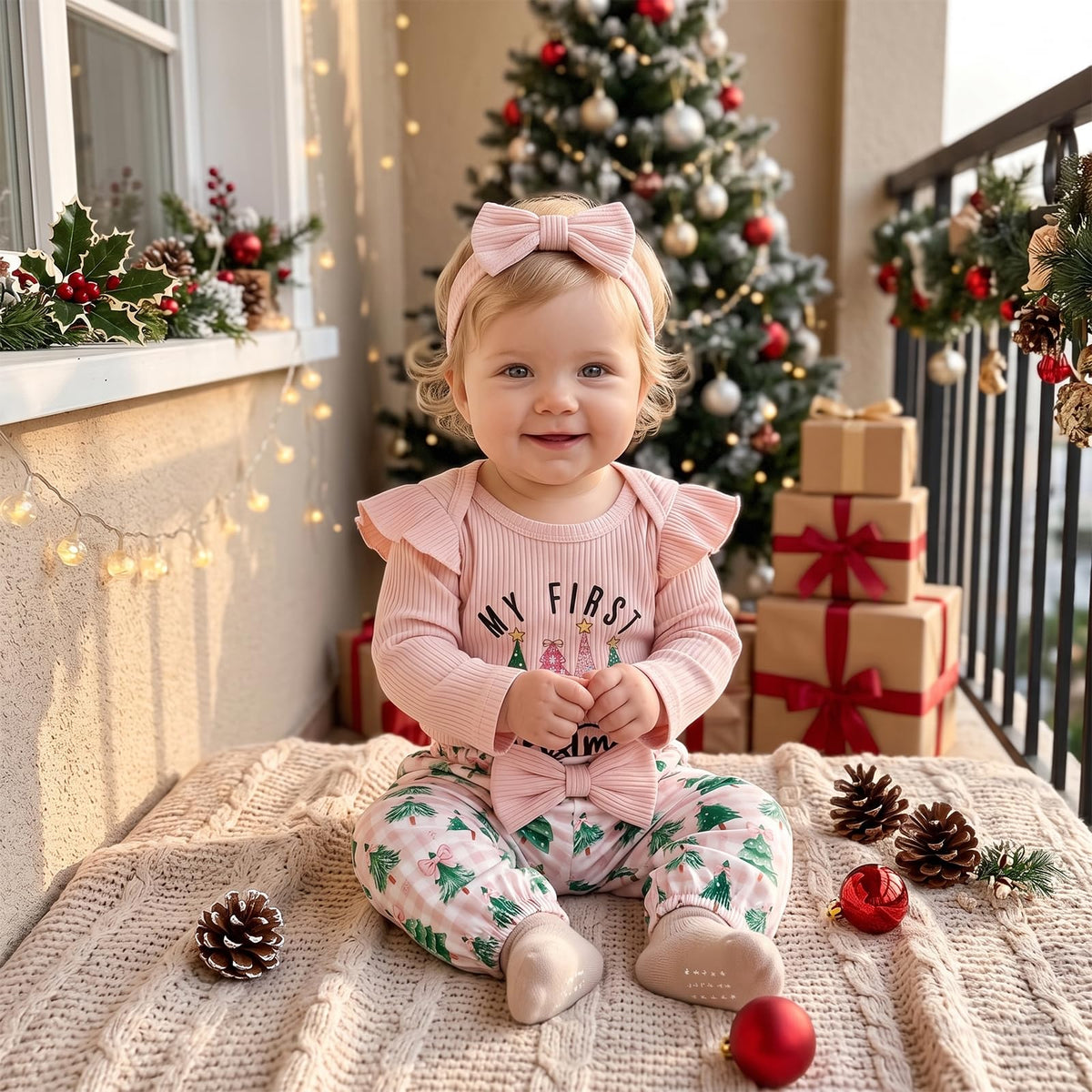 Newborn Baby Girl Christmas Outfit Romper Pants Set V8458