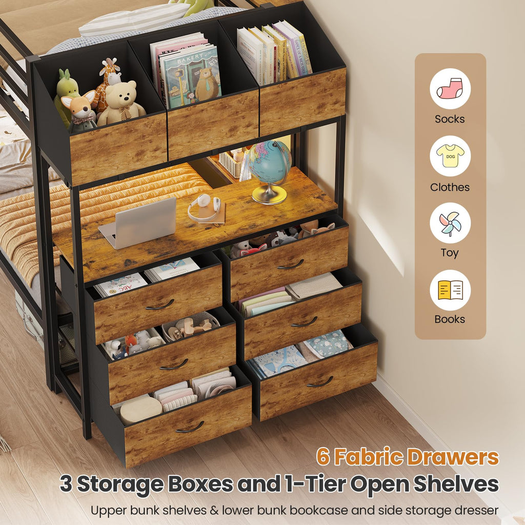 Twin Over Twin Metal Bunk Bed with 6 Storage Drawers, Led Lights and Charging Station, Black K7459