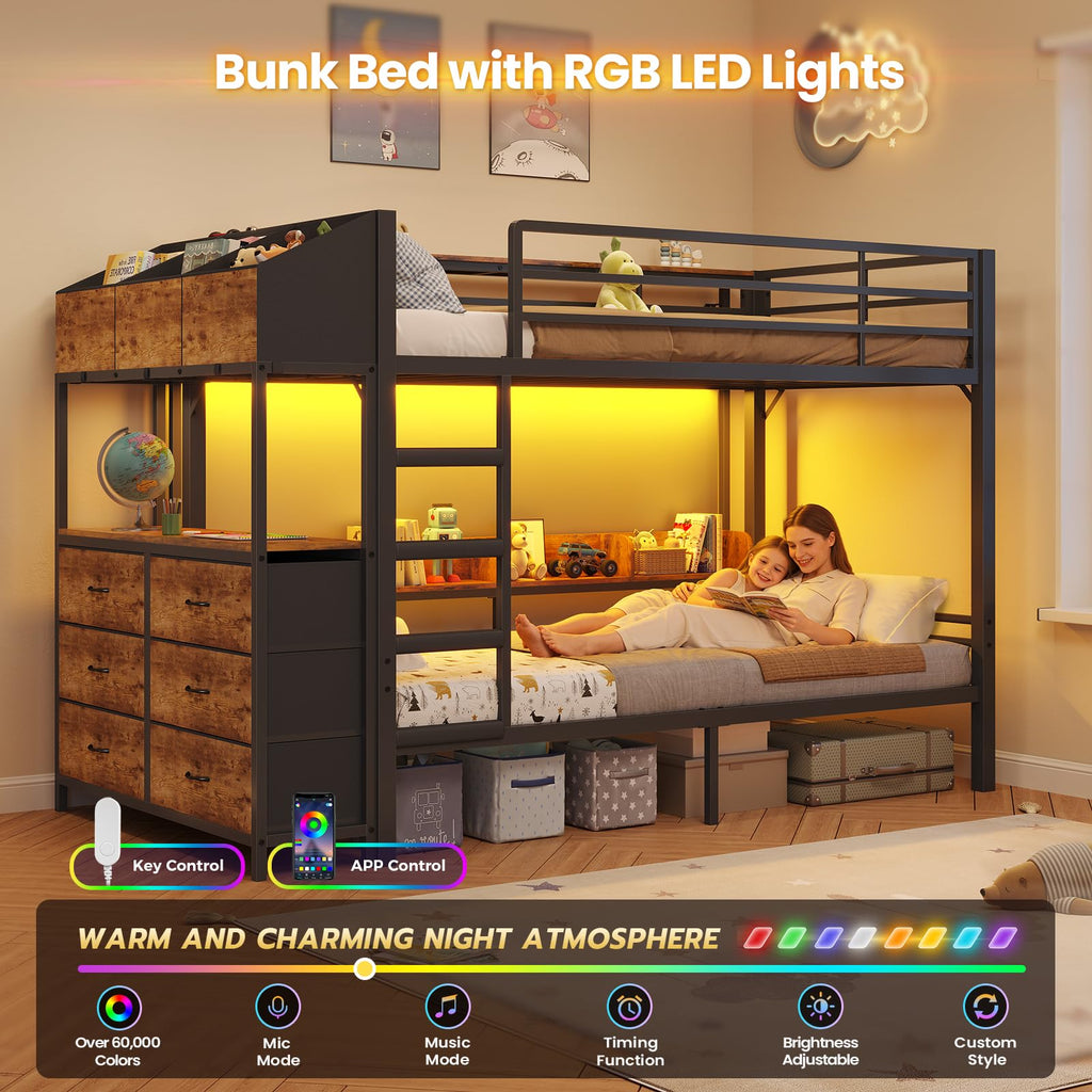 Twin Over Twin Metal Bunk Bed with 6 Storage Drawers, Led Lights and Charging Station, Black K7459