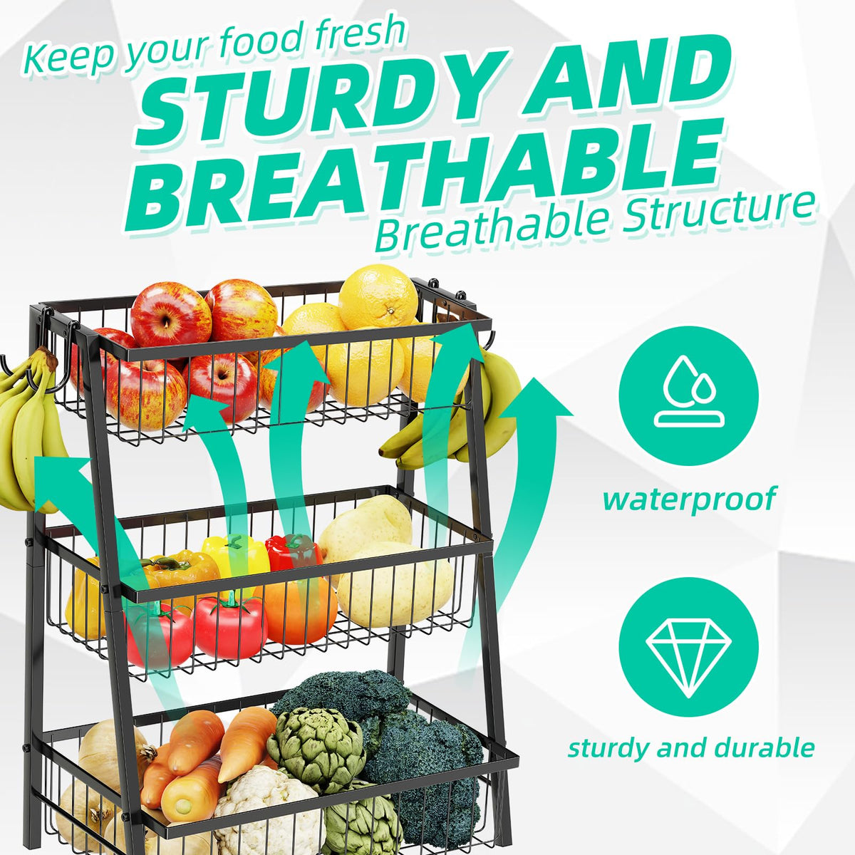 3-Tier Black Metal Wire Fruit Basket with Banana Hooks D90184