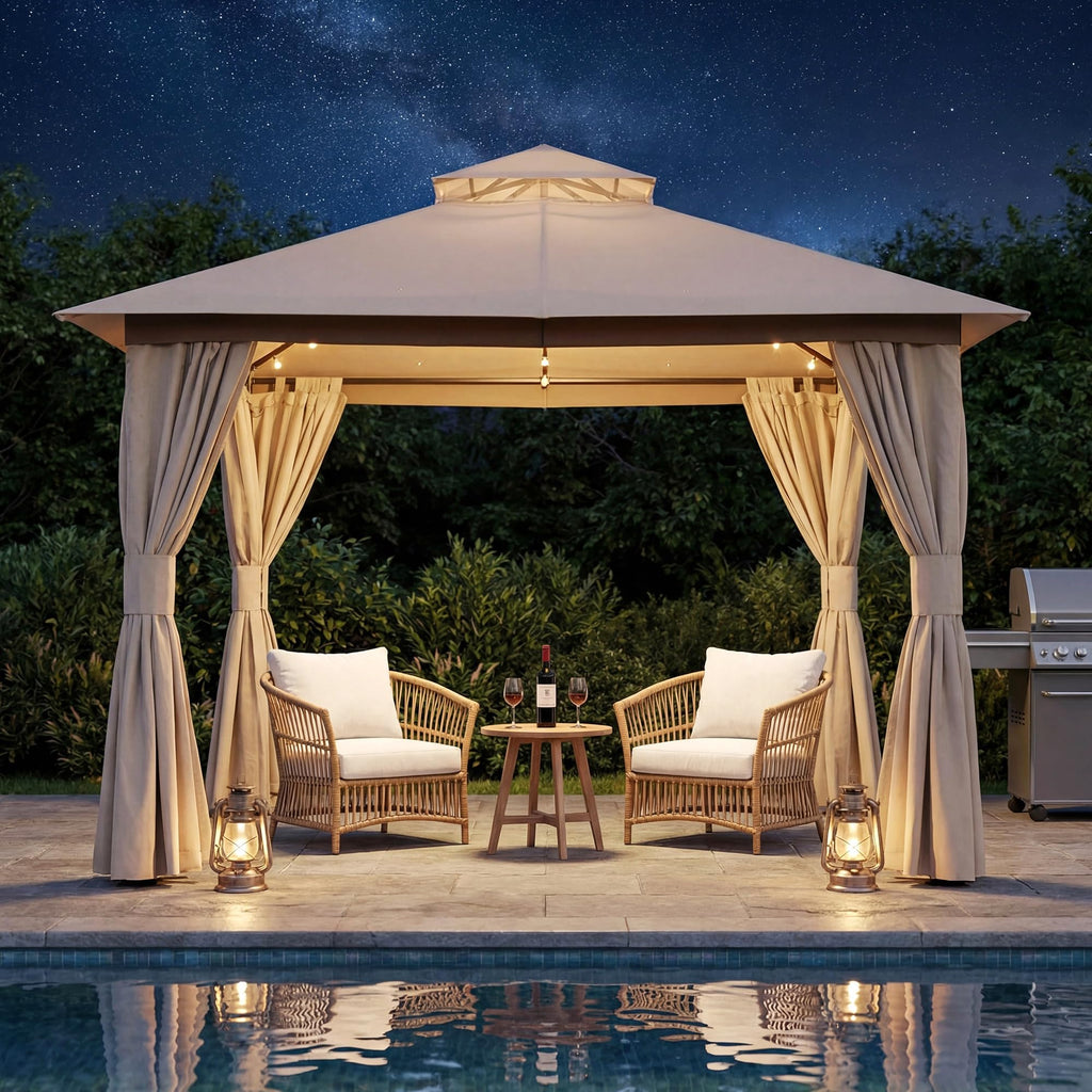 8x8 Outdoor Gazebo with Curtains, Netting & Double Roof I332