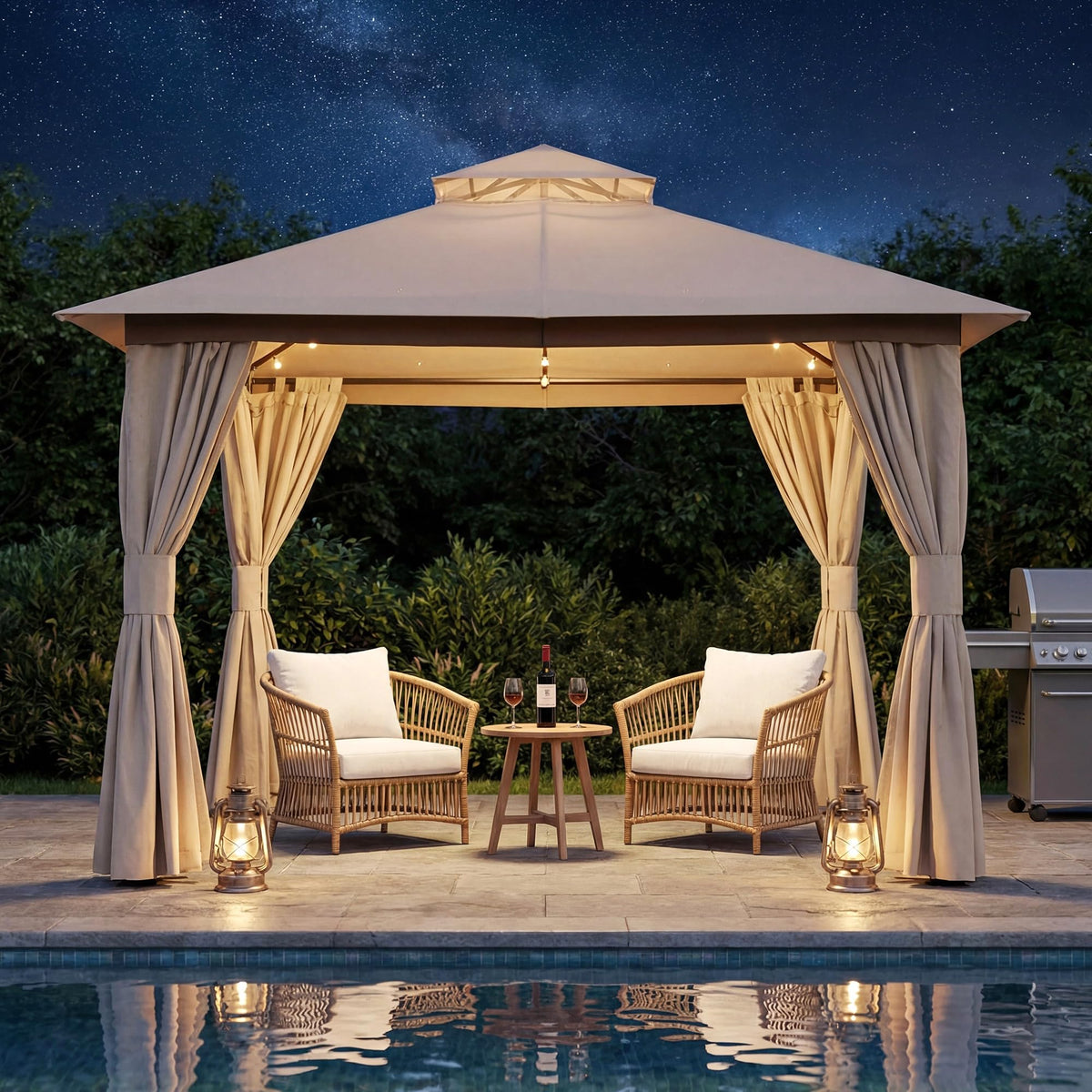 8x8 Outdoor Gazebo with Curtains, Netting & Double Roof I332