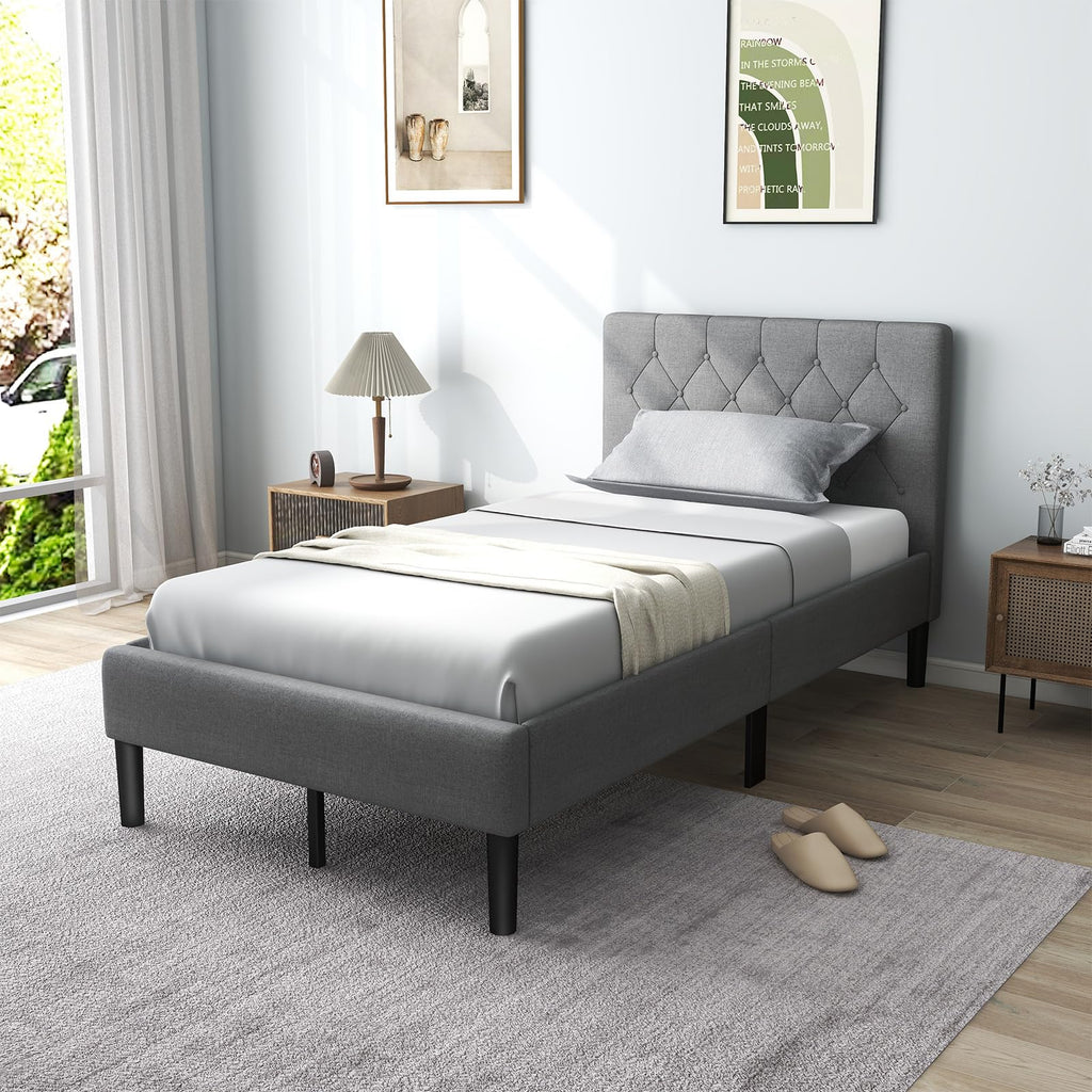 Grey Twin Upholstered Platform Bed with Headboard X12488