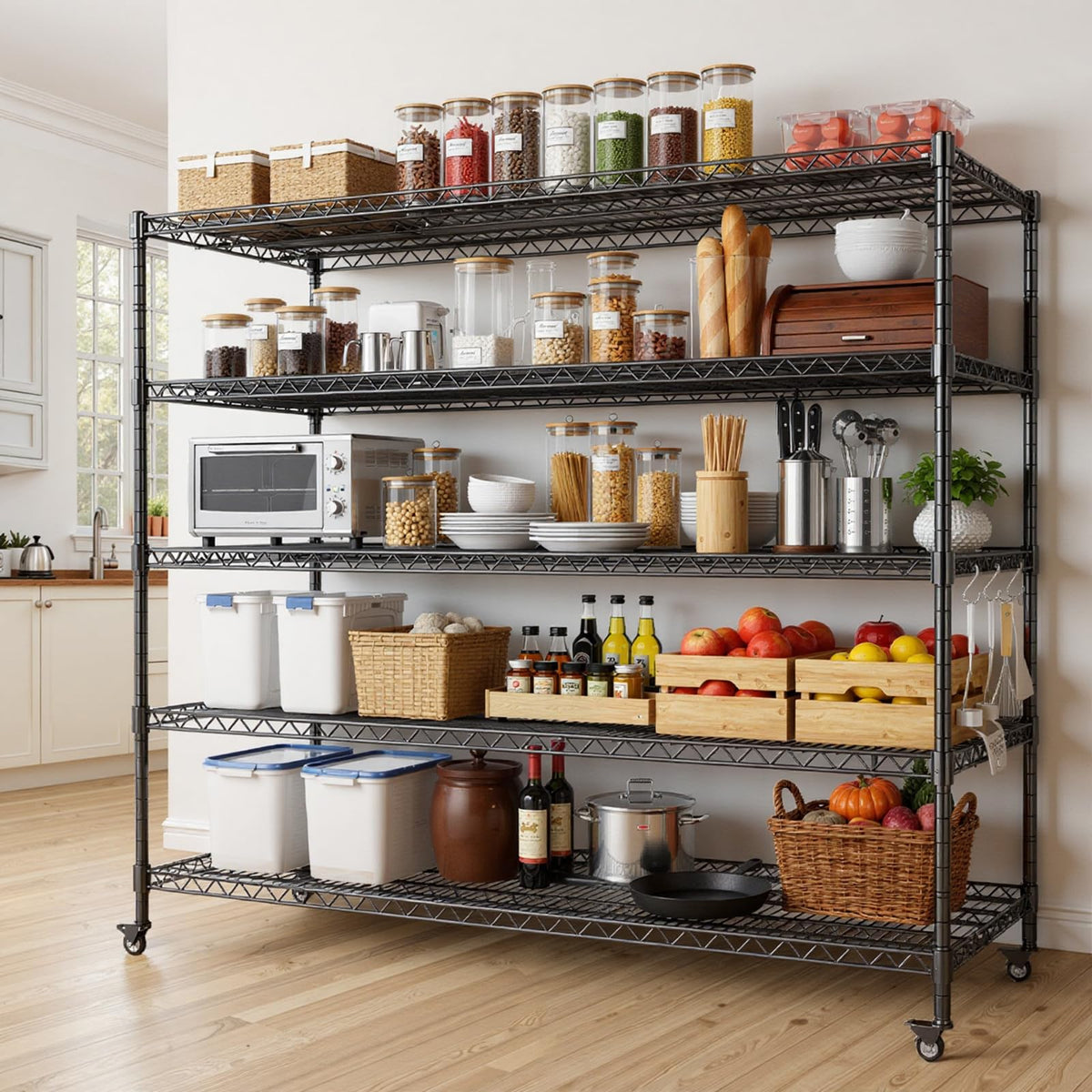 60”W 5 Tier Heavy Duty Metal Wire Shelving with Wheels P97203