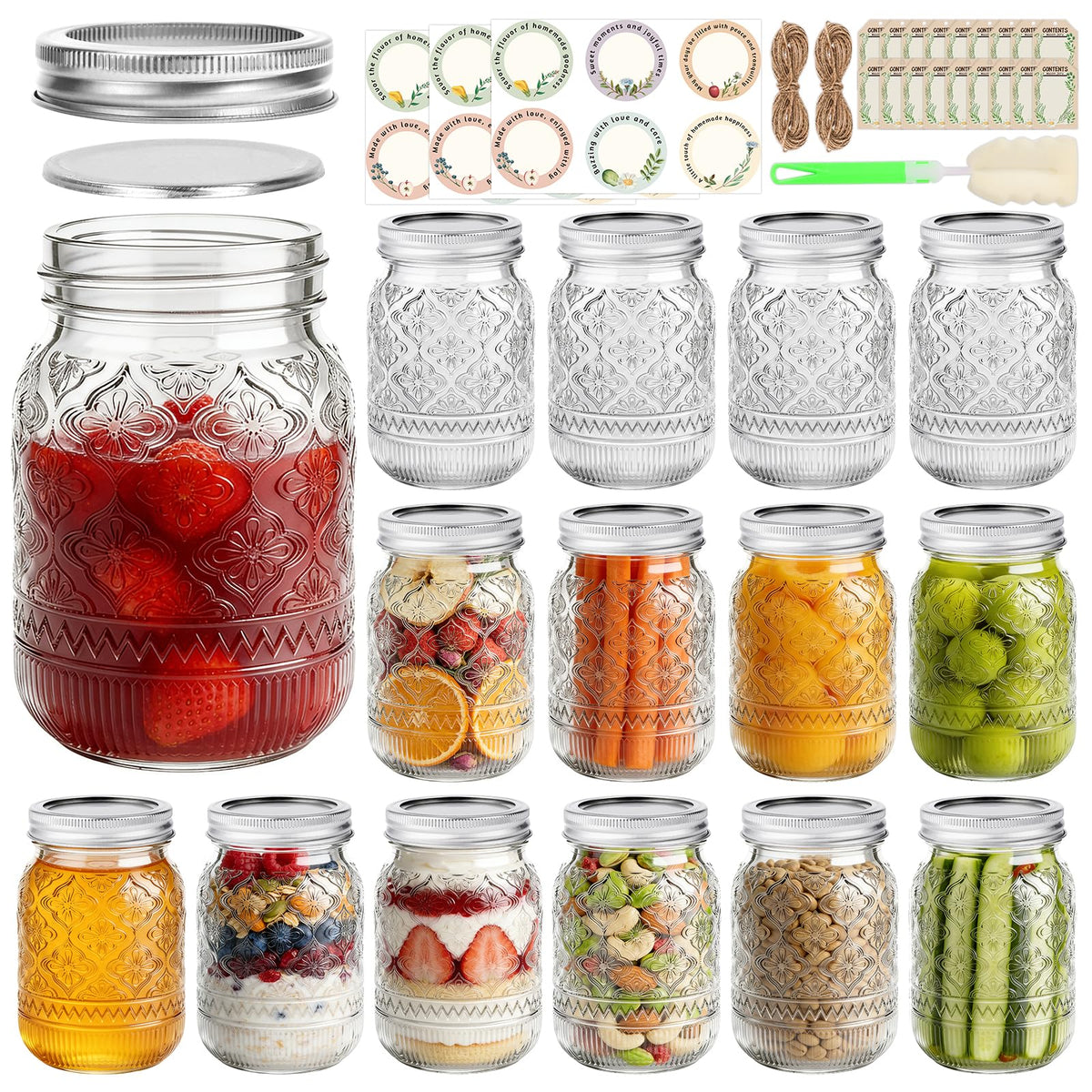 16oz Embossed Mason Jars 15-Pack with Airtight Lids X526