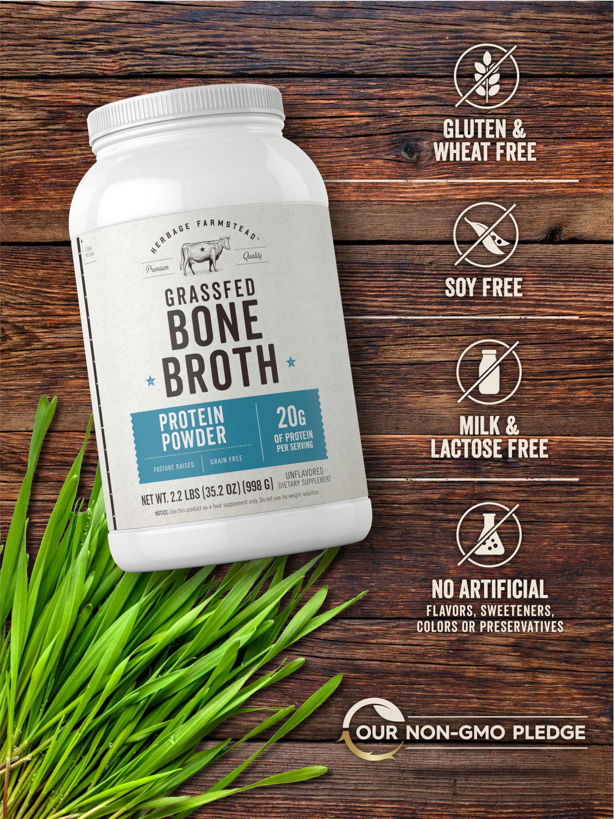 Grass Fed Bone Broth Protein Powder 35.2 oz 20g Protein Non-GMO Gluten Free J931