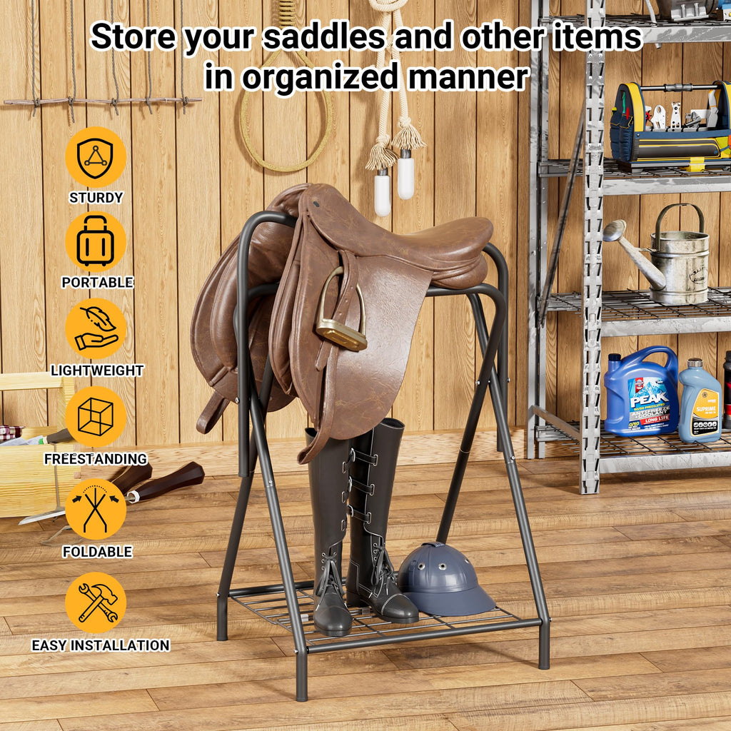 Foldable Saddle Rack with Storage Shelf, Black W490