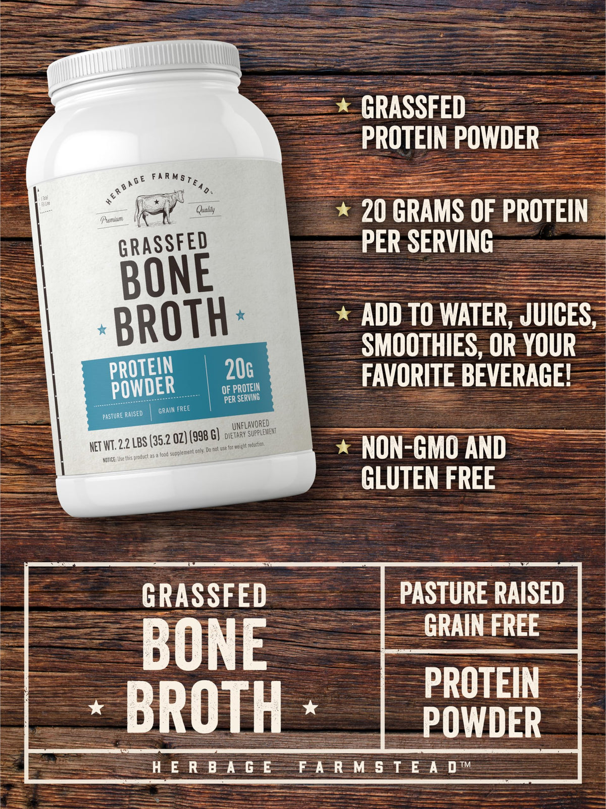 Grass Fed Bone Broth Protein Powder 35.2 oz 20g Protein Non-GMO Gluten Free J931