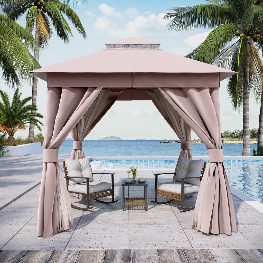 8x8 Outdoor Gazebo with Curtains, Netting & Double Roof I332
