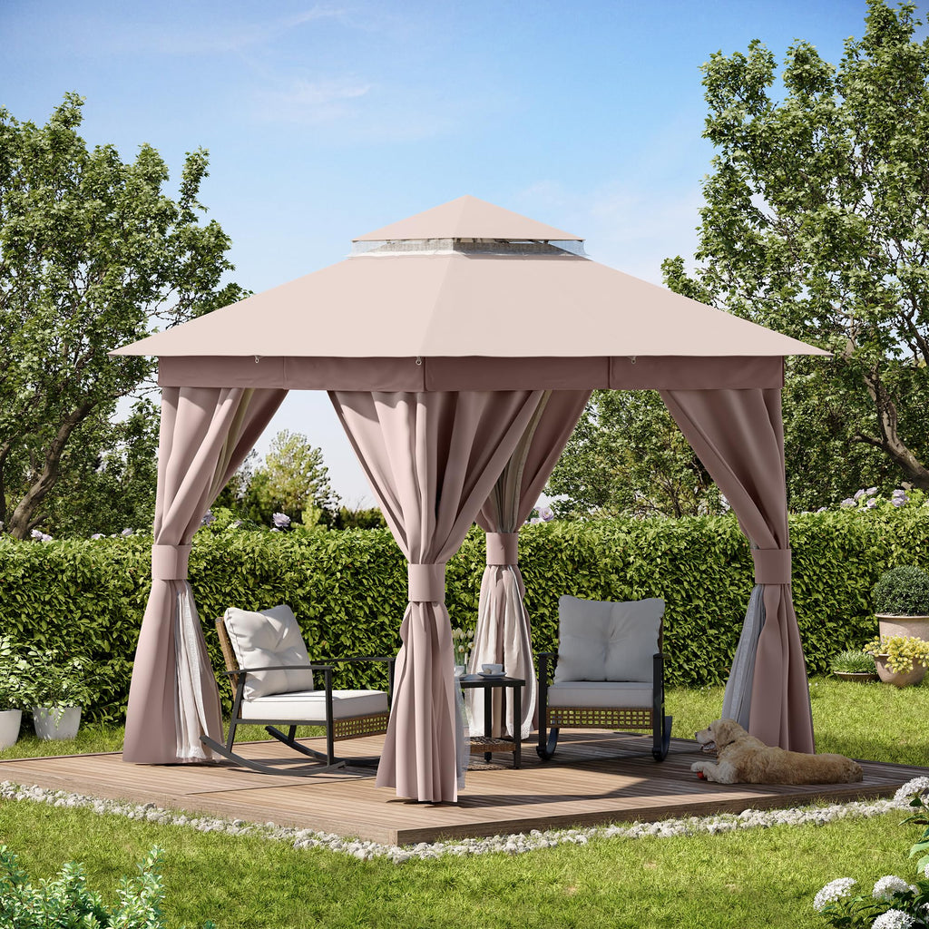 8x8 Outdoor Gazebo with Curtains, Netting & Double Roof I332