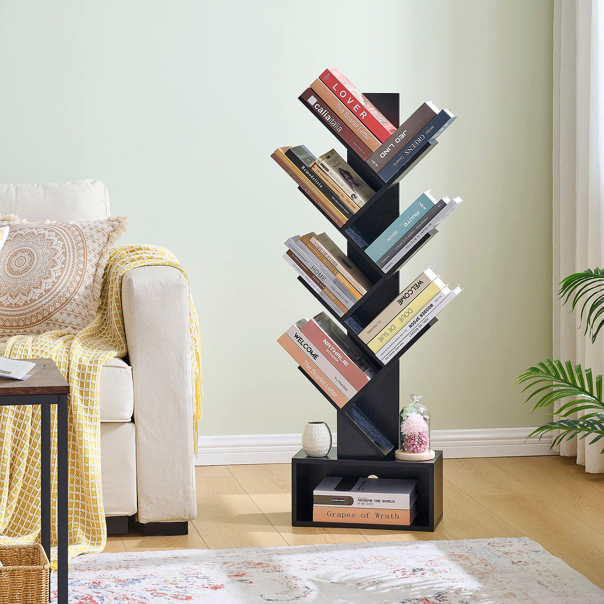Black 6 Tier Wood Tree Bookshelf with Drawer A96024
